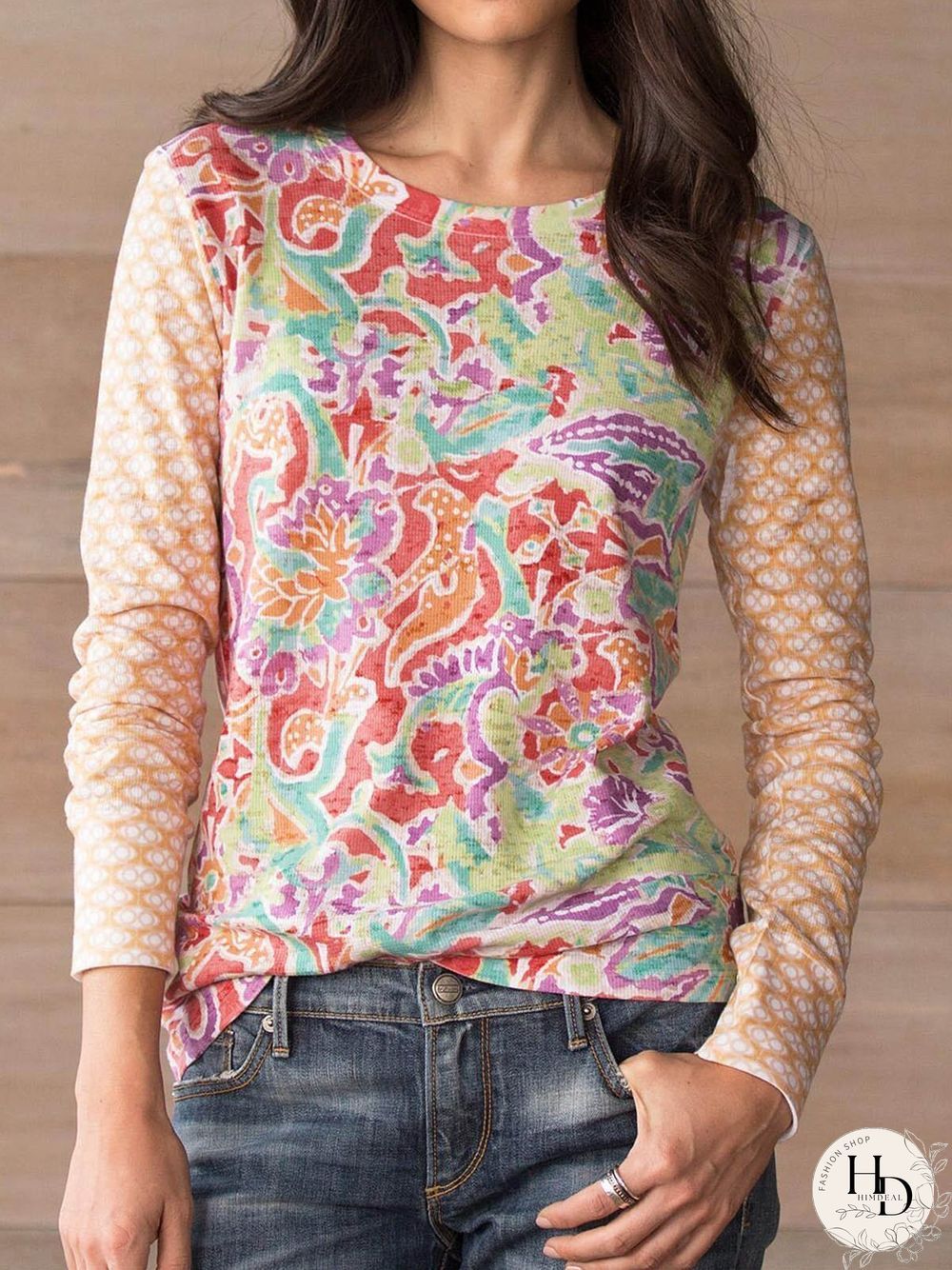 Orange Cotton-Blend Casual Round Neck Shirts & Tops