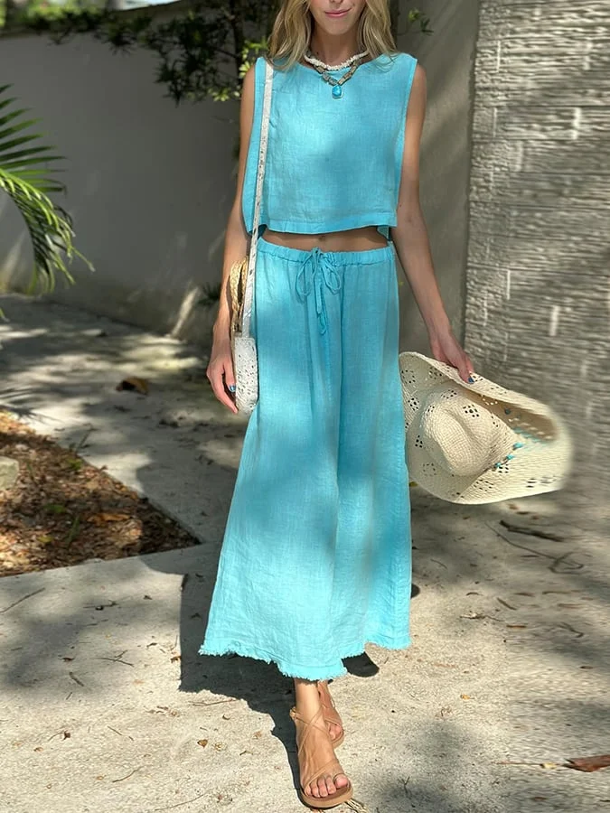 Women'S Casual Solid Color Sleeveless Cotton And Linen Skirt Suit