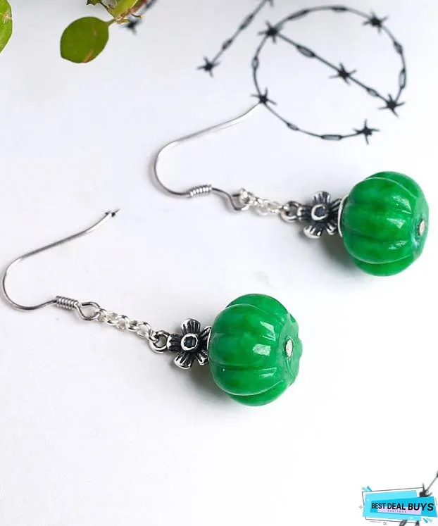Vintage Green Sterling Silver Jade Pumpkin Drop Earrings