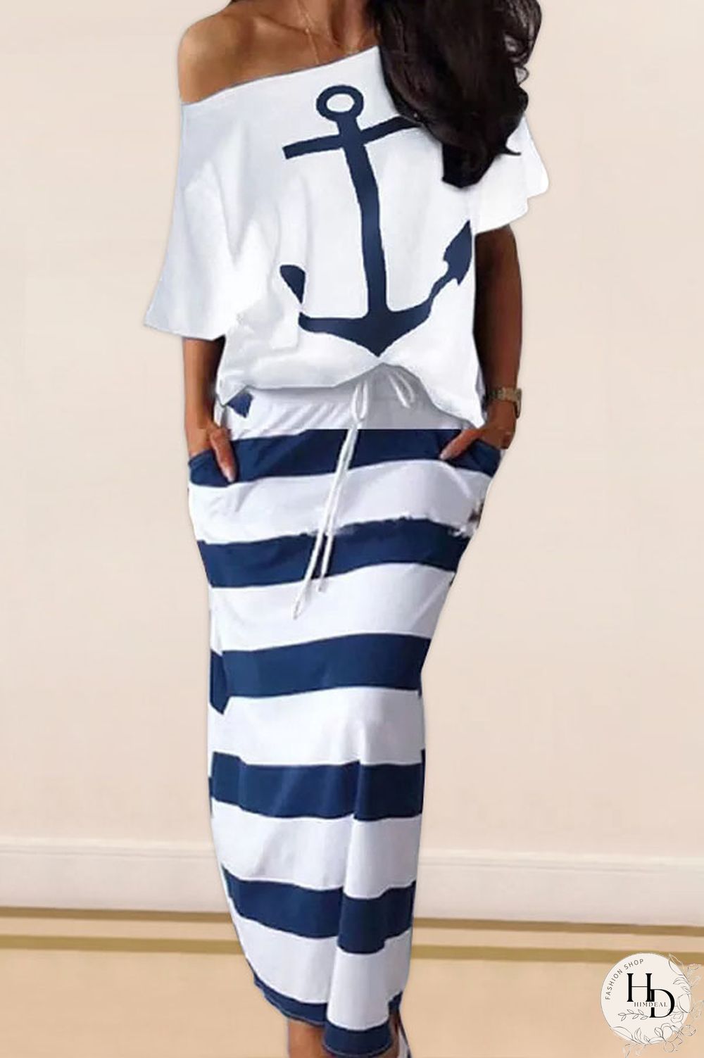 White and blue Polyester England Striped Geometric Letter Print bow-knot pencil Half Sleeve Two Pieces