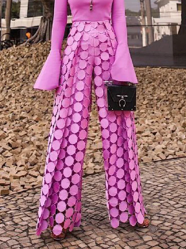 High Waisted Wide Leg Hollow Polka Dot Solid Color Pants Trousers