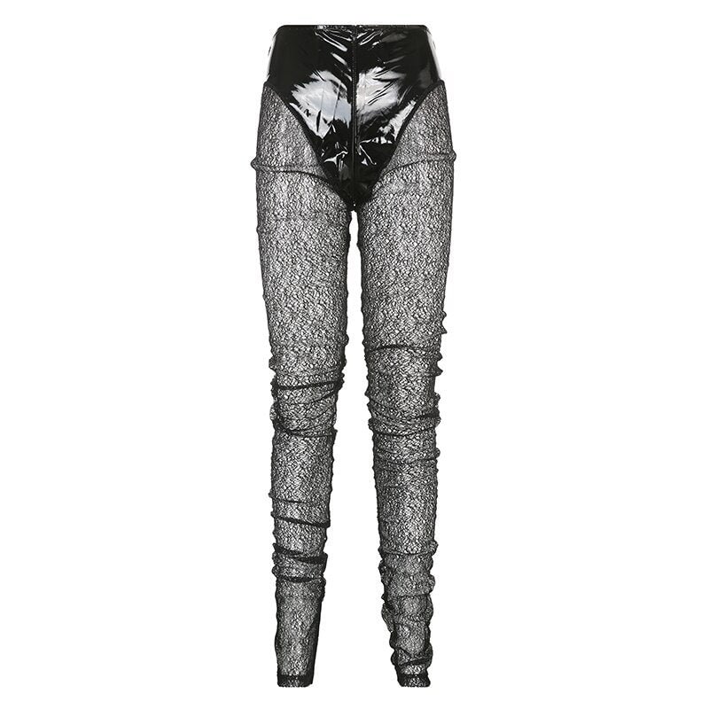 BIIKPIIK Fashion Women's Clothes Shiny PU Style Pencil Pant Patchwork See-through Sexy Casual Long Trousers High Street Clubwear