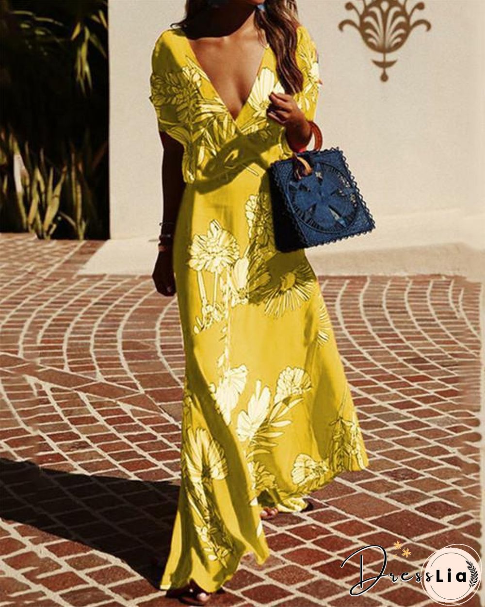 Casual V Neck Printed Short Sleeve Maxi Dress