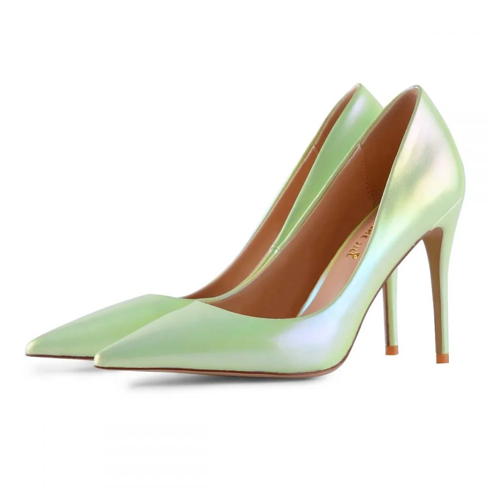 Green Pointed Toe Heels Shiny Leather Laser Luster Pumps Nicepairs