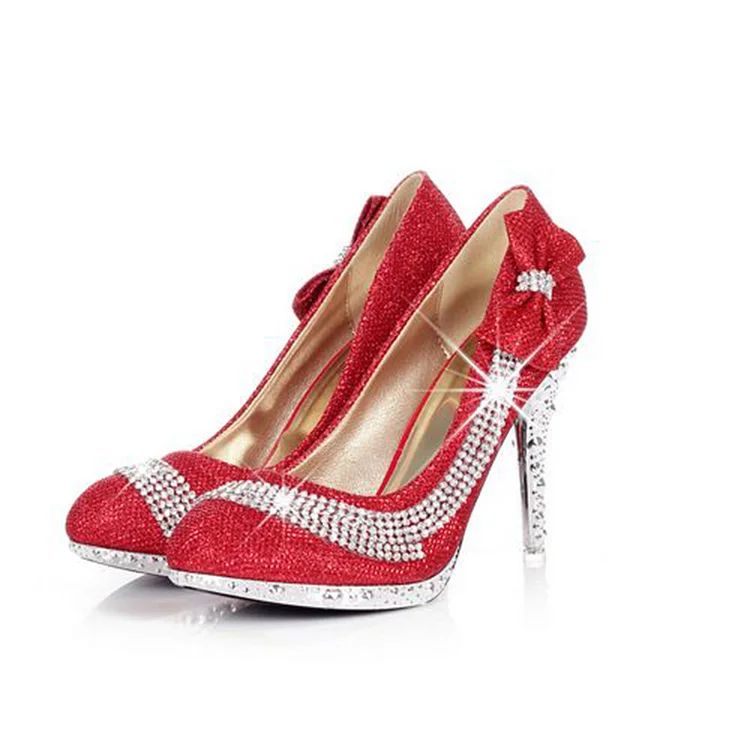 Red Platform Bow Shoes Elegant Stiletto Heels Party Rhinestones Pumps Vdcoo