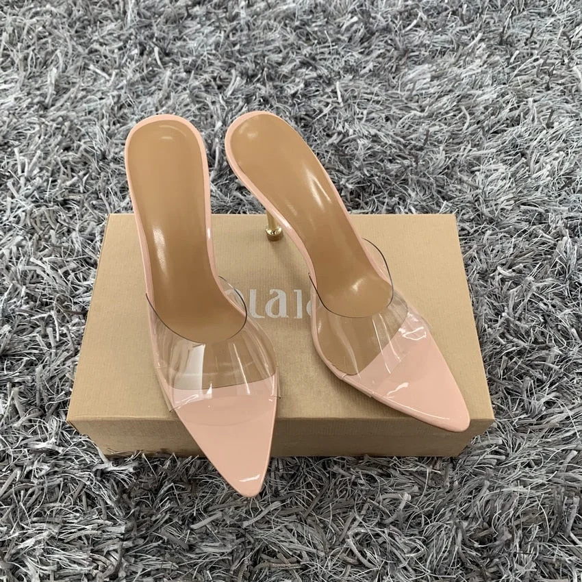 Fashion PVC Women Pumps Summer Pointed Toed High Heels Women Metal Stiletto Heel Sandals Slippers Woman Party Mules Shoes