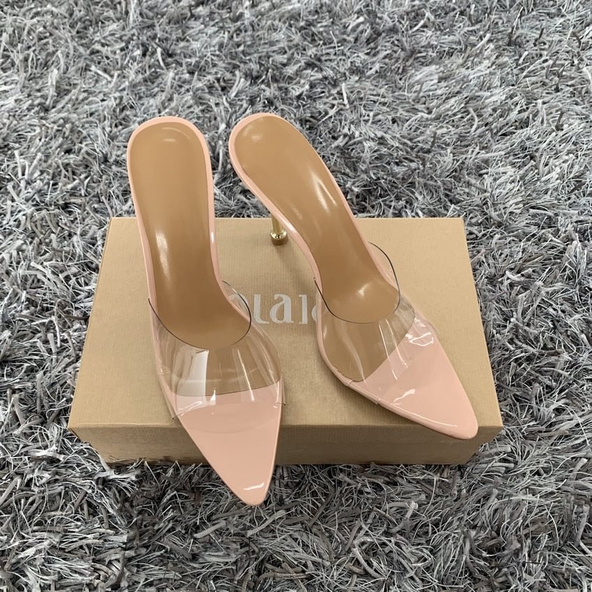 Fashion PVC Women Pumps Summer Pointed Toed High Heels Women Metal Stiletto Heel Sandals Slippers Woman Party Mules Shoes