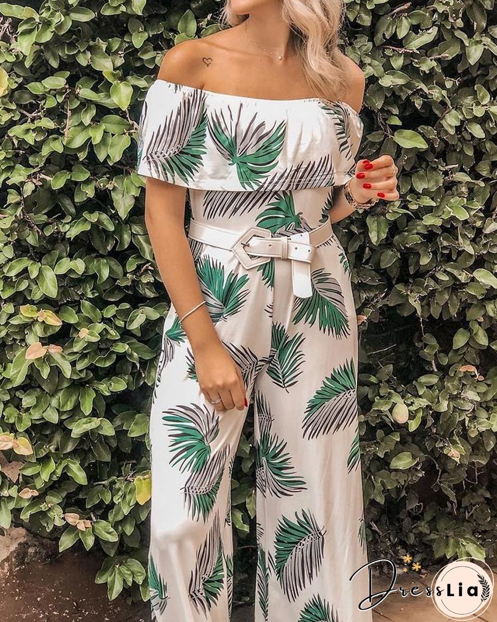 Fashion Print Frilled Off Shoulder Flared Jumpsuit P11647