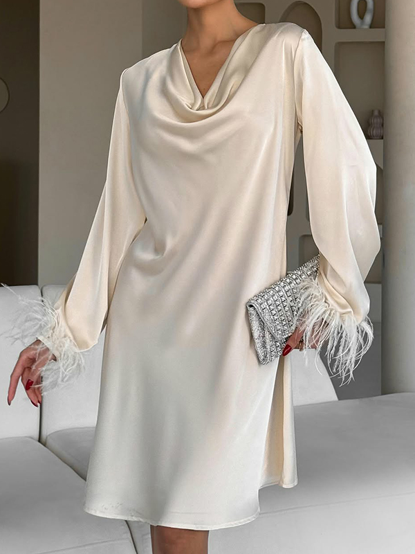 Long Sleeves Loose Solid Color Split-Joint Round-Neck Mini Dresses