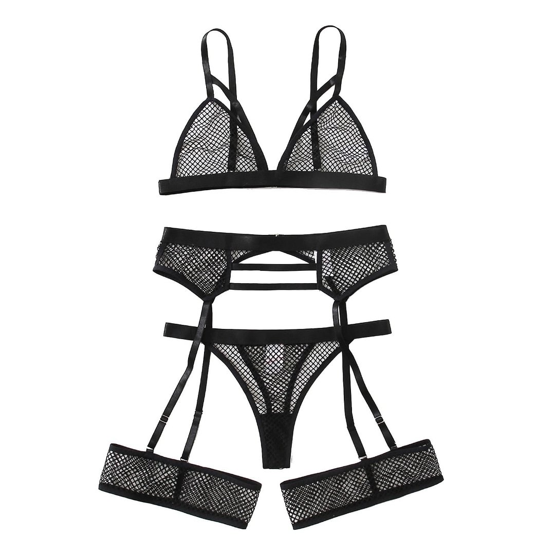 Mesh Perspective Sexy Lingerie Women Underwear Set Erotic Hot Seamless Bra Thong Garter Lingerie Set Lenceria Sensual Mujer 3Pcs
