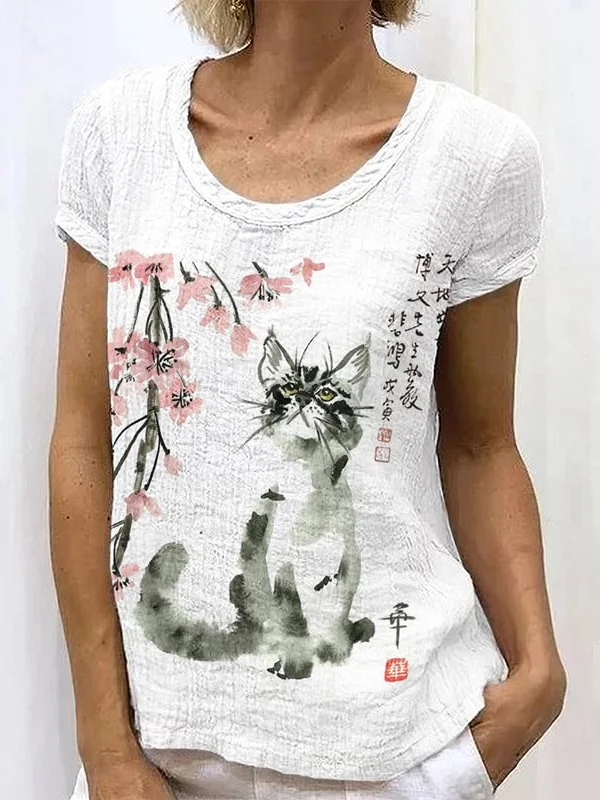 Women's Retro Japanese Ink Floral Cat Art Painting Casual T-Shirt
