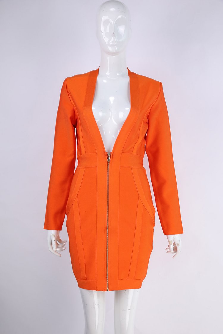 Orange Deep V Long Sleeve Bandage Dress Szie L