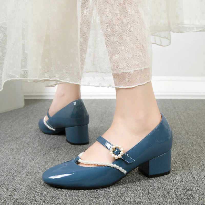 Elegant Thick Heels Mary Jane Shoes For Women 2022 Spring Patent Leather Pumps Pearl Ankle Strap Party Dress Shoes Woman