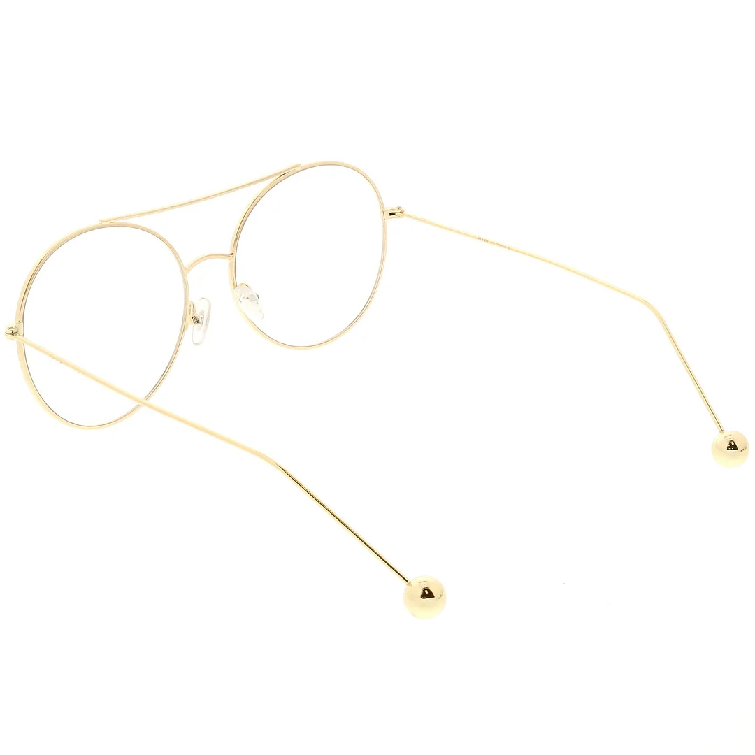 Premium Oversize Round Eyeglasses Metal Double Nose Bridge Clear Flat Lens 59mm