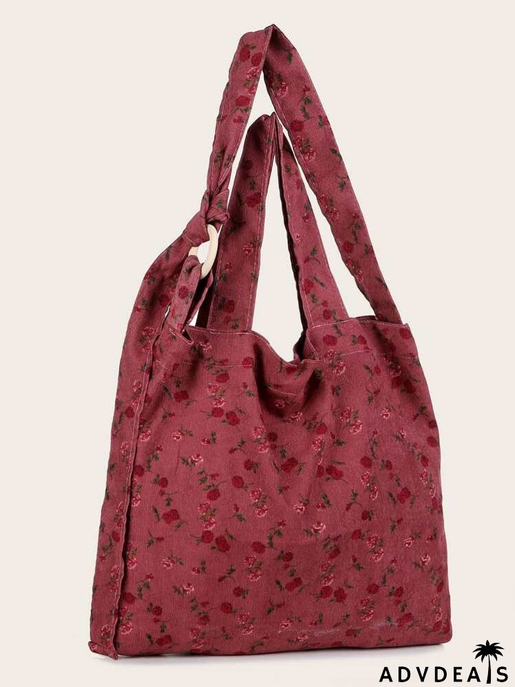 Allover Floral Corduroy Shoulder Tote Bag