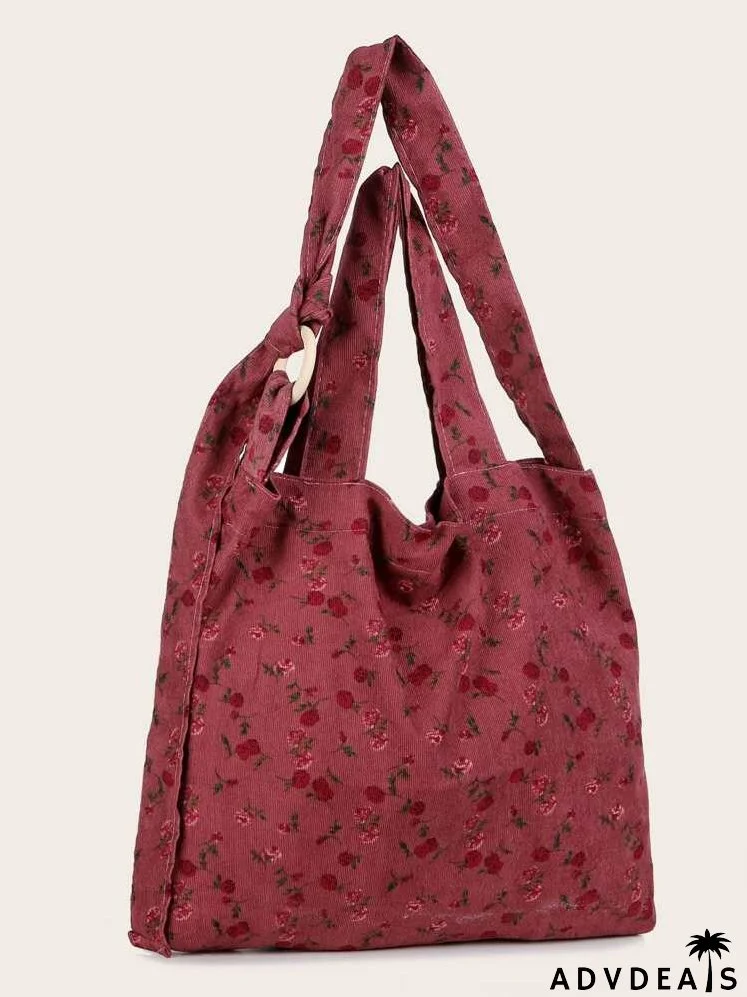 Allover Floral Corduroy Shoulder Tote Bag