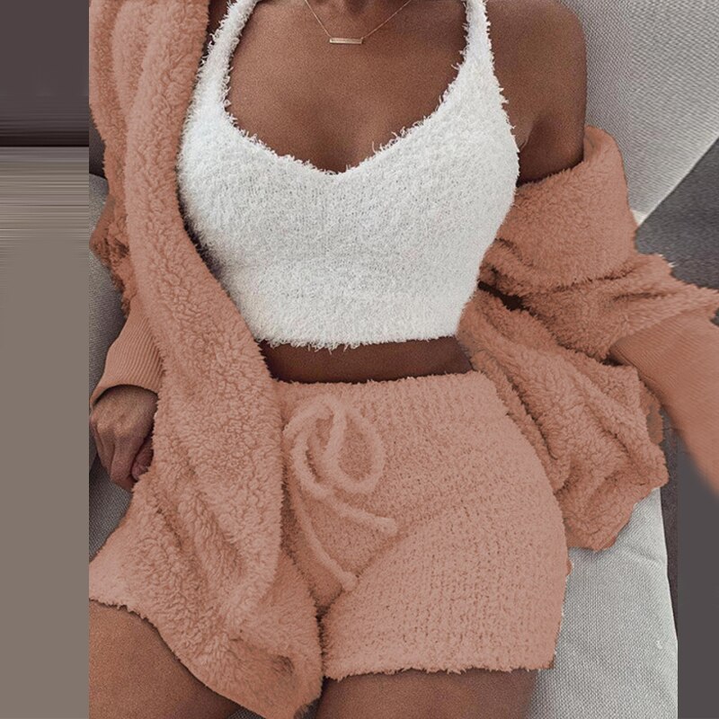 Plush Casual Two Piece Set Lady Long Sleeve Hooded Cardigan Coat Shorts Suits