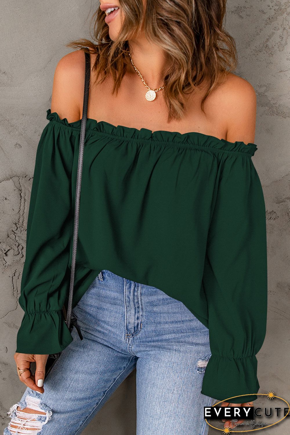 Green Frilled Off-shoulder Neckline Loose Blouse