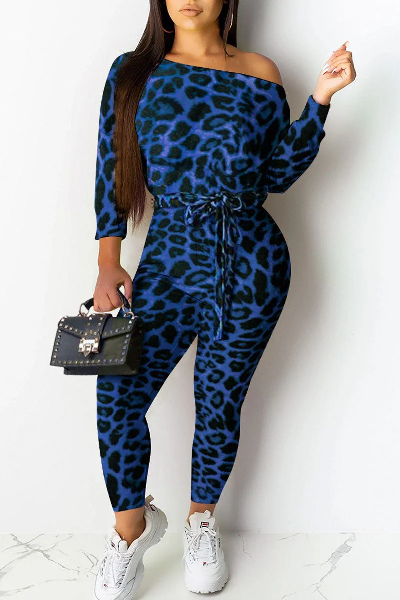 Sexy Print Leopard Split Joint Off the Shoulder Skinny Jumpsuits(Contain The Belt)