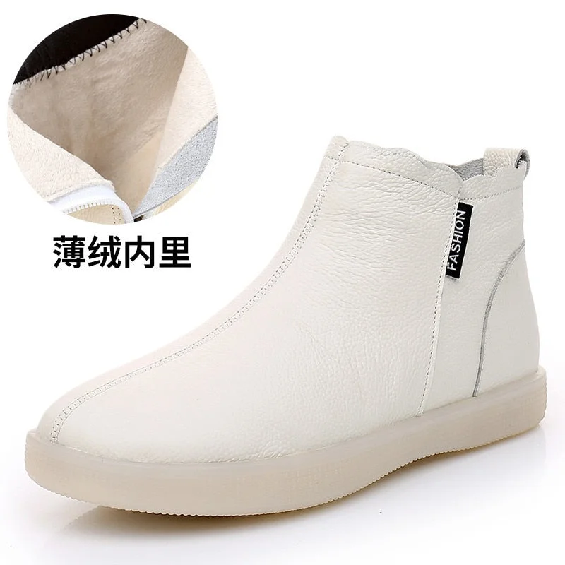 Genuine Leather Cow Women Ankle Boots Warm Wool Motorcycle Slip on Super Comfortable Booties Winter Shoes White Black