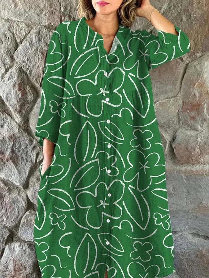 Women's Art Botanical Floral Print Single Breasted Dress