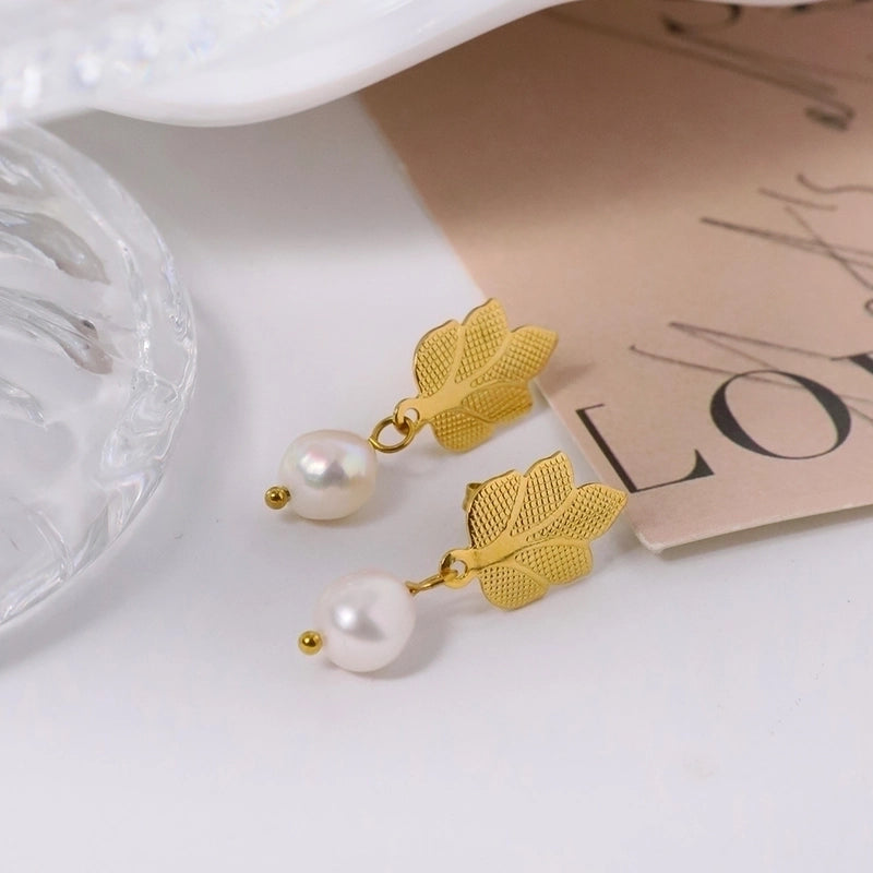 1 Pair IG Style Leaves Plating Inlay 304 Stainless Steel Freshwater Pearl 18K Gold Plated Drop Earrings