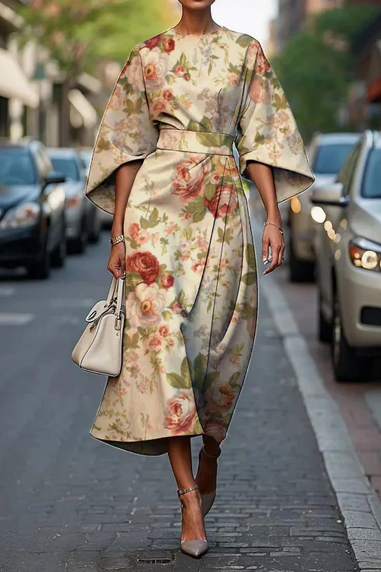 Women's Elegant Vintage Floral Print Midi Dress