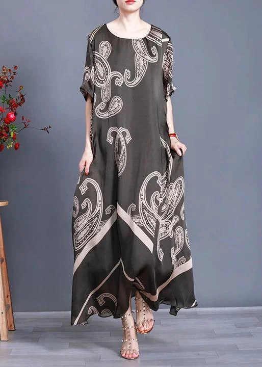 Women Tea Green Print Loose Silk Dress Summer