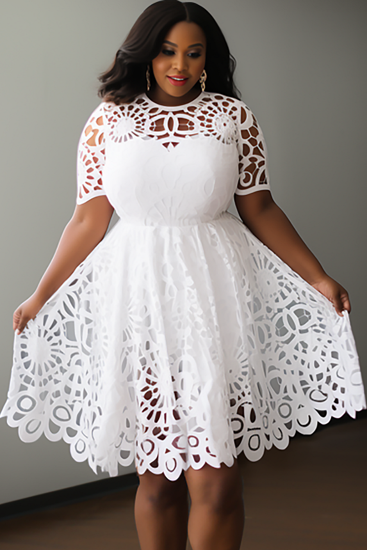 Xpluswear Design Plus Size Semi Formal White Round Neck Short Sleeve See Through Guipure Lace Mini Dresses