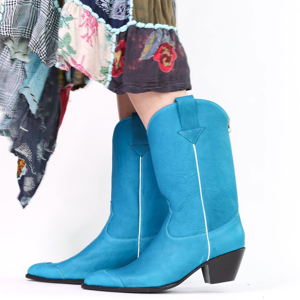 Blue Pointed Toe Chunky Heel Mid-Calf Cowgirl Boots with Back Zipper Nicepairs