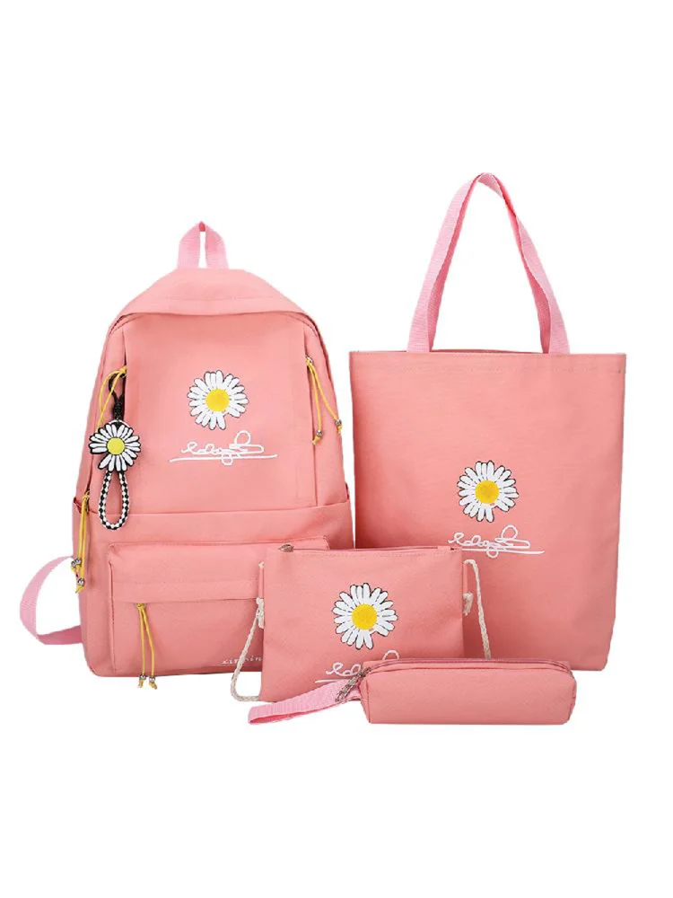4pcs/Set Canvas Backpack Student Girl Daisy Mochila Pen Clutch Bag (Pink)