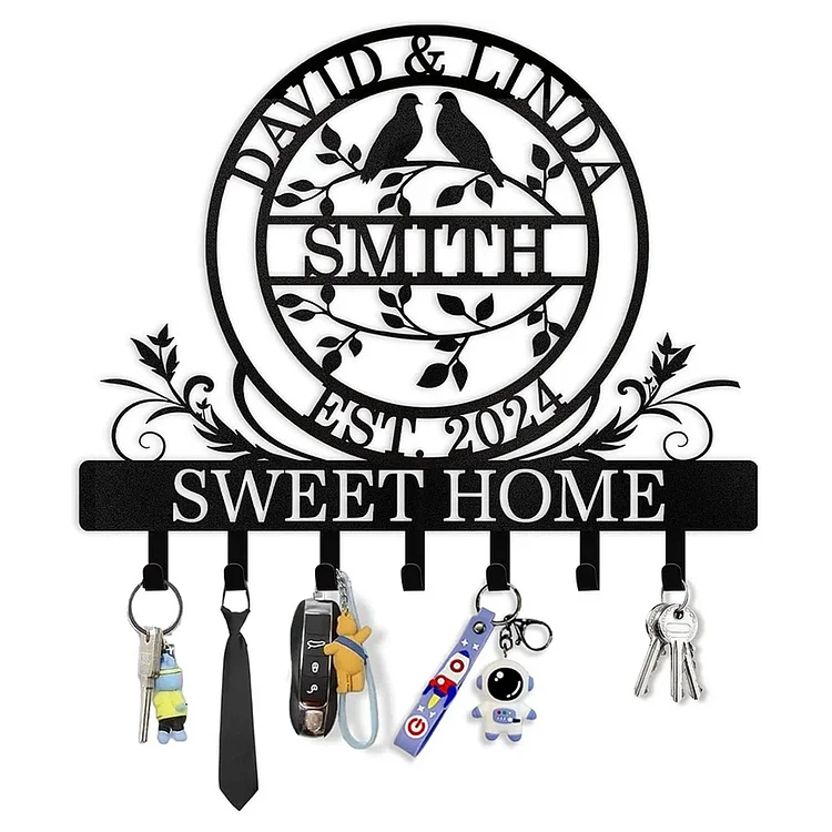Personalized Couple's Name Key Rack Coat Rack, Metal Key Holder Wall Mount for Housewarming Gifts