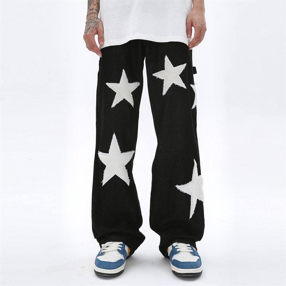 Stars Embroidery Retro Streetwear Mens Oversized Jeans-VESSFUL