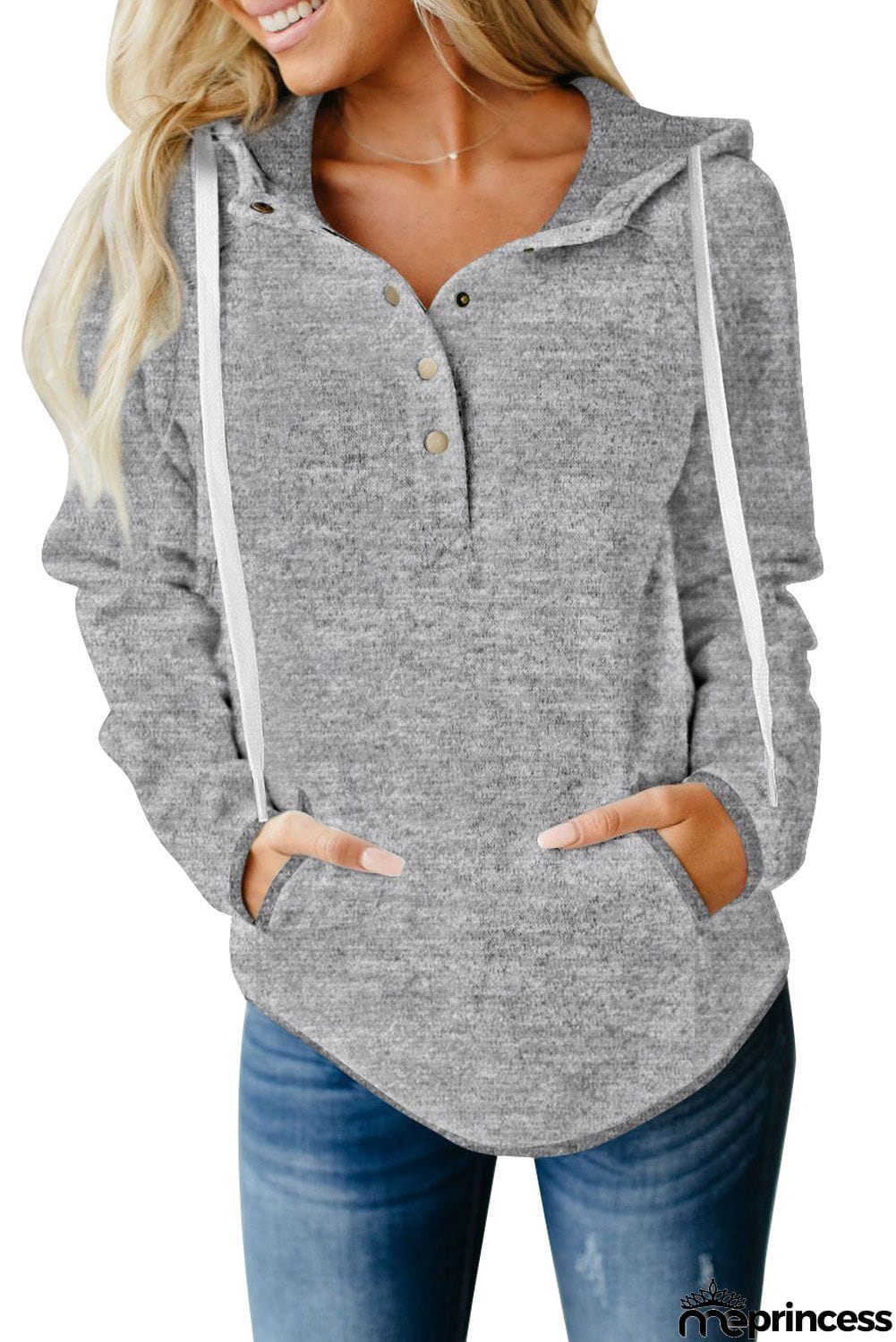 Buttoned Neck Hooded Sweatshirt