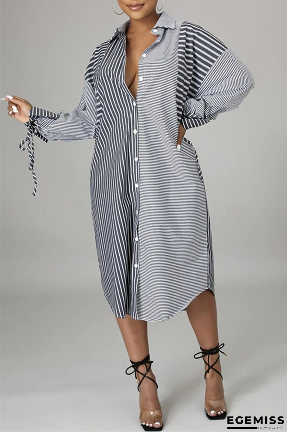 Black Gray Fashion Casual Striped Print Patchwork Frenulum Turndown Collar Shirt Dress (Without Belt) | EGEMISS