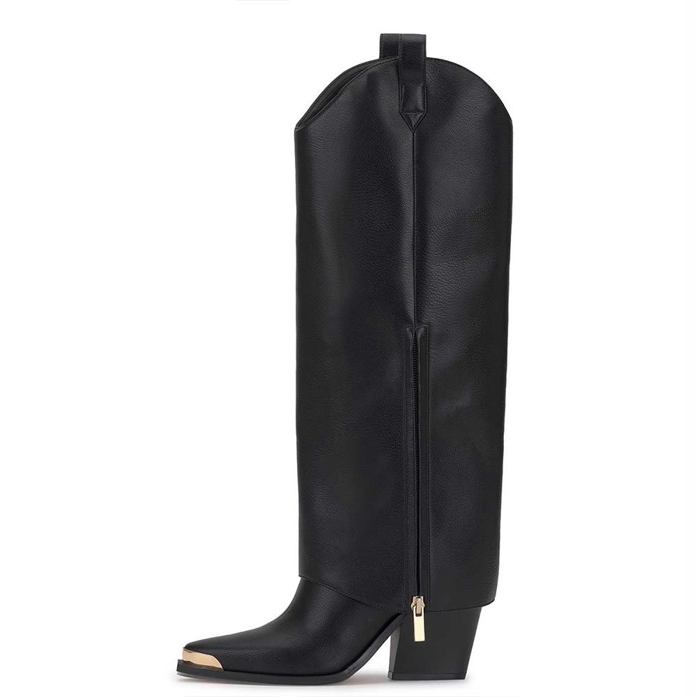 Black Pointed Toe 3’‘ Chunky Heel Western Knee High Boots for Women Nicepairs