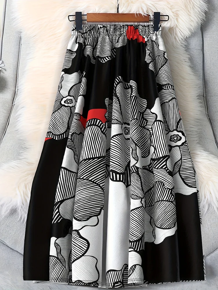 Women's Plus Size Flared Skirt - Elegant Black And White Floral Print, Polyester, Elastic Waistband, Vacation Style, All-Season Wear, Vacation Attire | Floral Print Skirt | Polyester Fabric, Plus Size Skirt