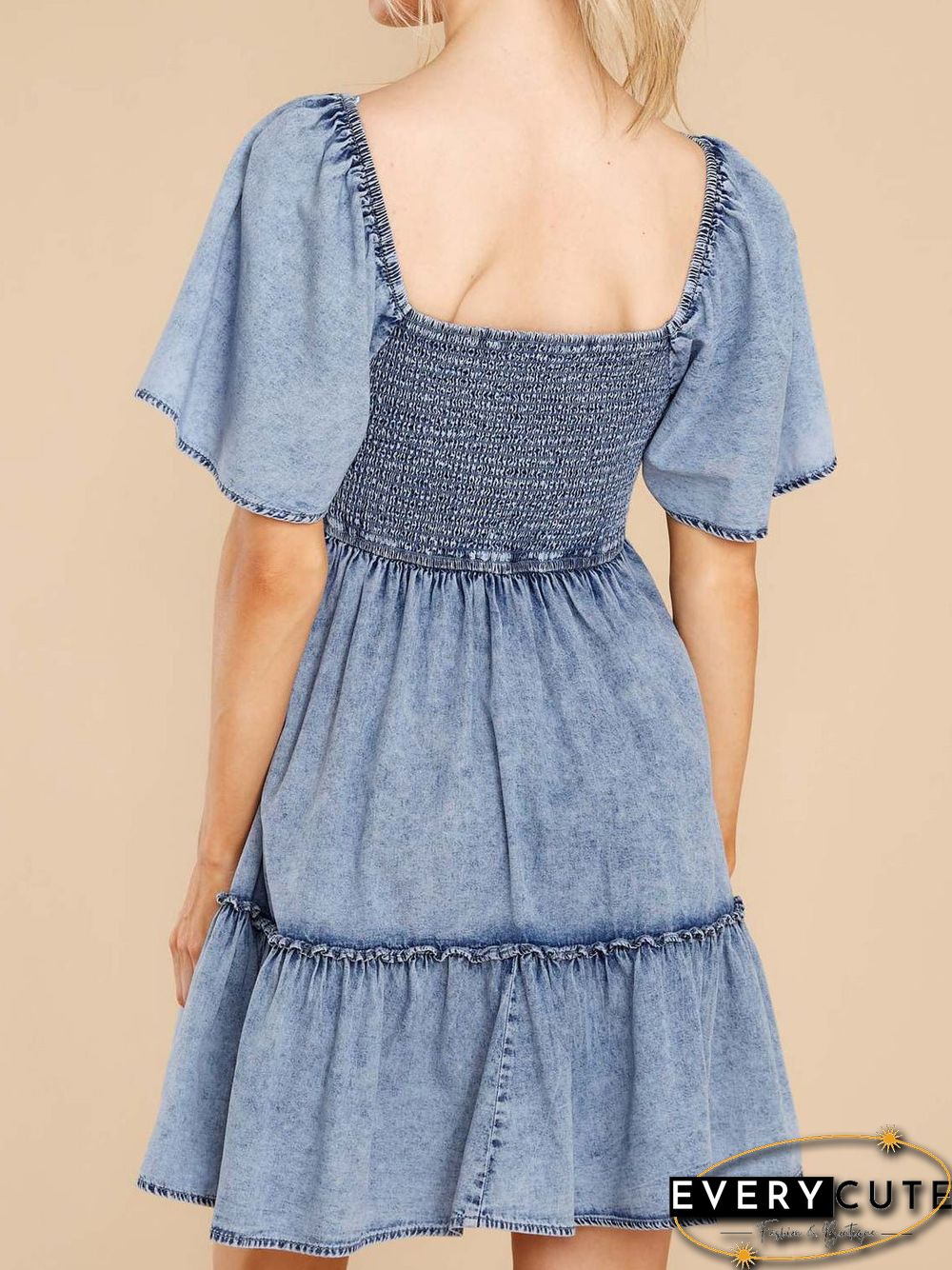 Women'S Dresses Loose Square Neck Short Sleeve Denim Dress