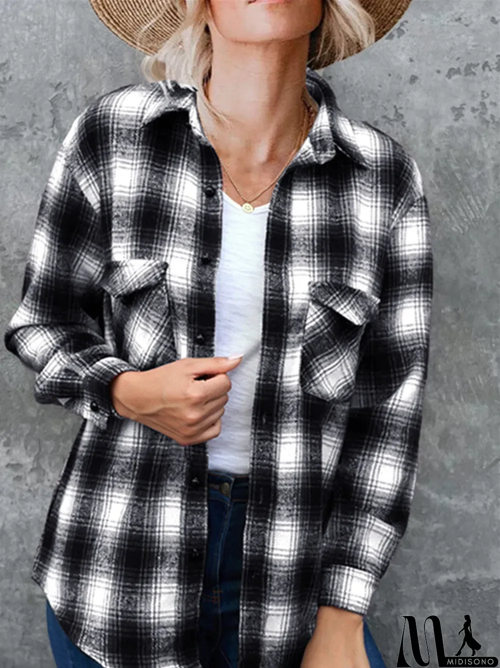 MidiSono - Women's Long Sleeve Lapel Lattice Cardigan Shirt