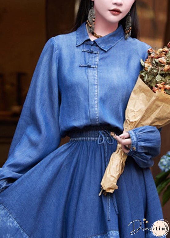 Women Blue Peter Pan Collar Patchwork Button Silk Cotton Denim Shirt Long Sleeve