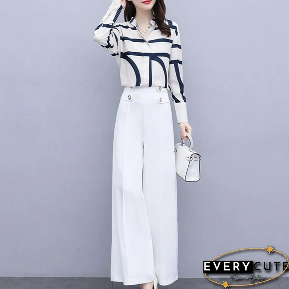 Autumn Fashion Office Two Piece Set Outfits Women Striped Chiffon Shirt Wide Leg Pants
