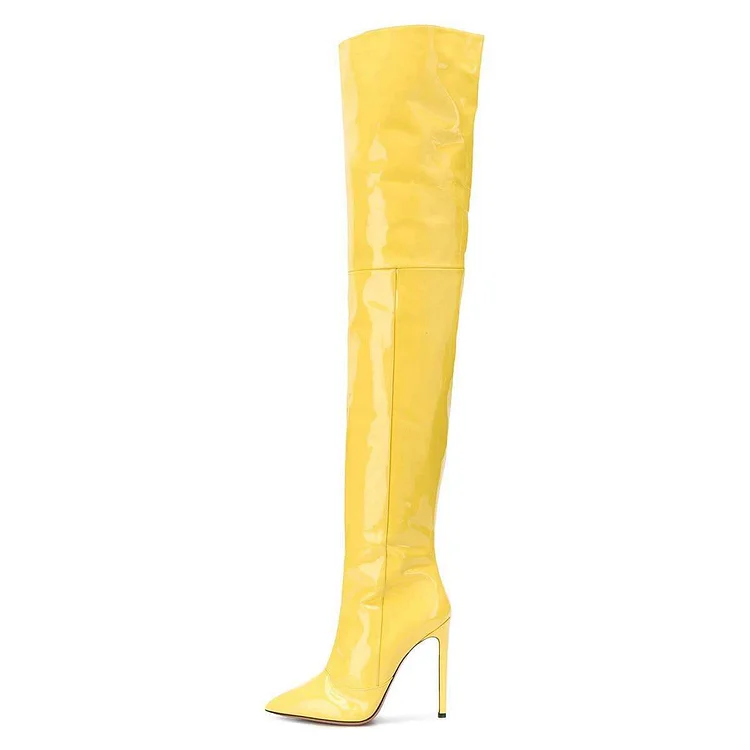 Yellow Patent Leather Thigh High Heel Boots |FSJshoes