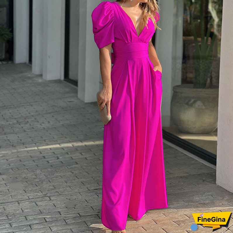 Plus Size Women Short Sleeve Wide Leg Jumpsuit