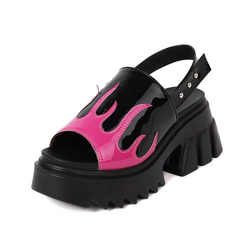 Gdgydh  Fire Flame Print Harajuku Gothic Shoes Women Pumps High Platform Women Lolita Shoes For School Open Toe Slingback Heels