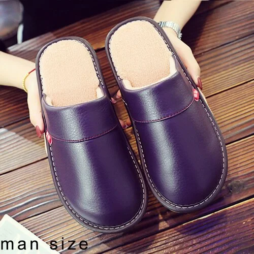 Leather Couple Shoes Autumn Winter home slippers Man Fashion Big size indoor Waterproof Men slippers with fur soft socofy