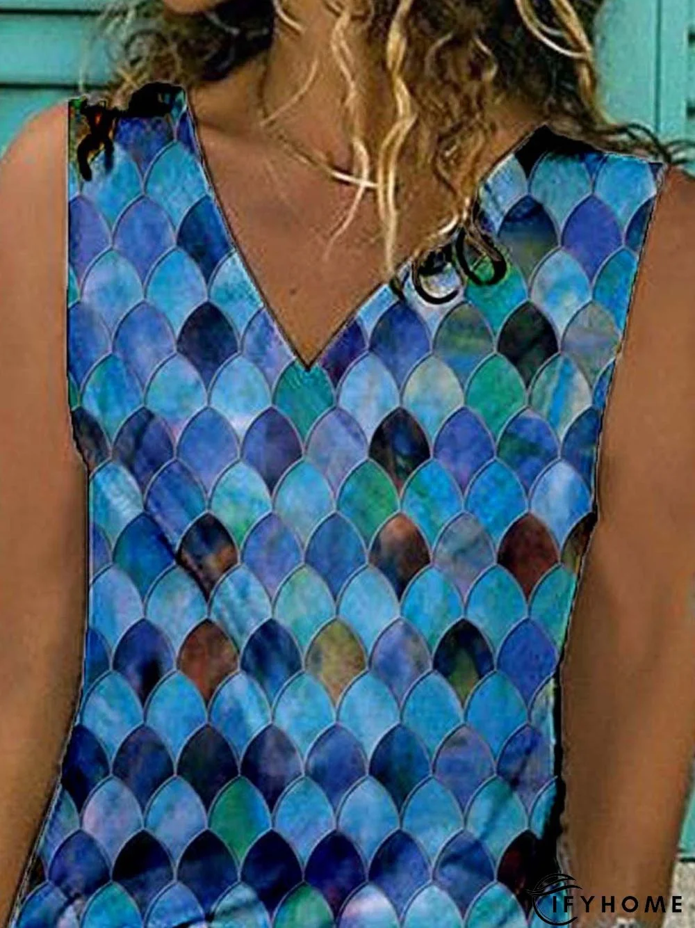 Paisley Sleeveless Printed Cotton-blend V neck Holiday Summer Blue Top | IFYHOME
