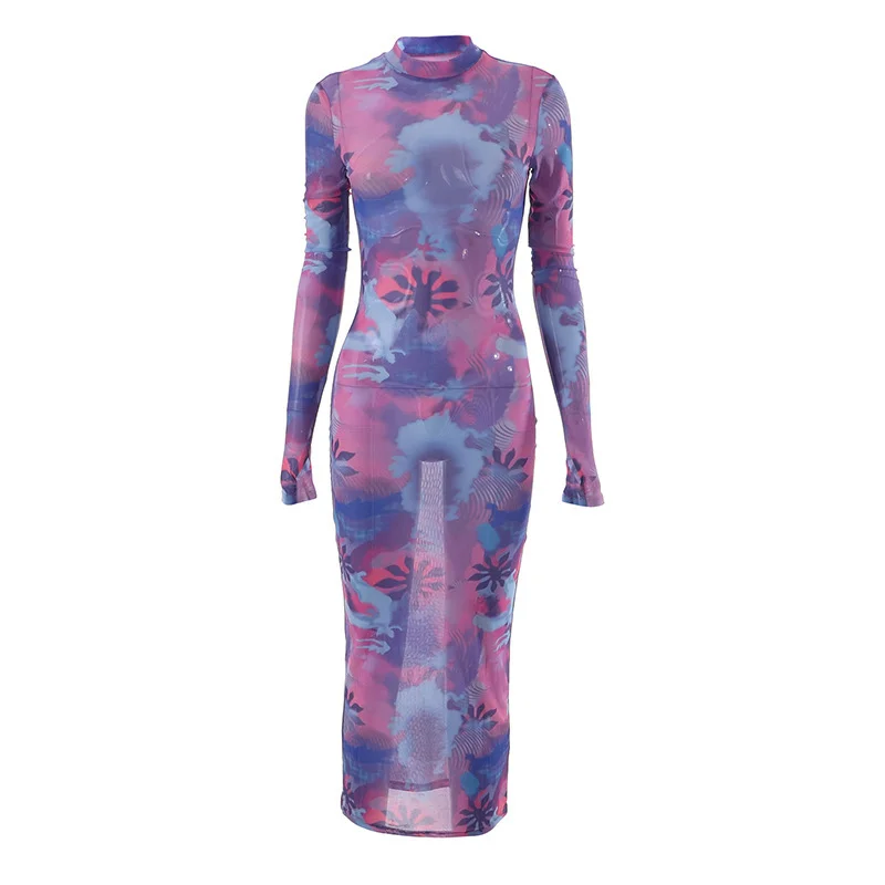 Uveng 2024 Women's Summer New Round-Neck Long-Sleeved Cover Finger Mesh Printing Casual Long Dress Dress Woman