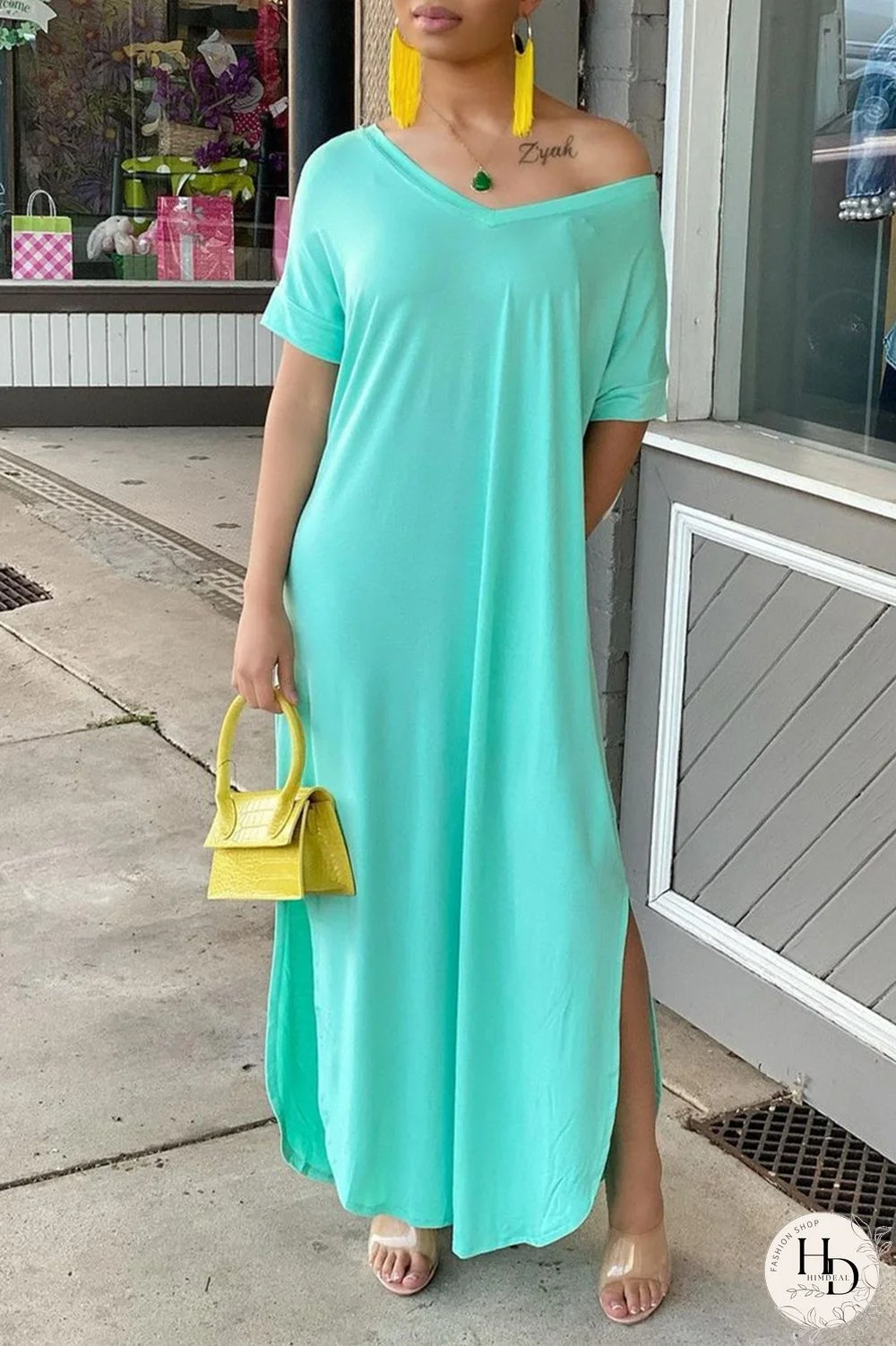 White Fashion Casual Solid Slit V Neck Short Sleeve Dress