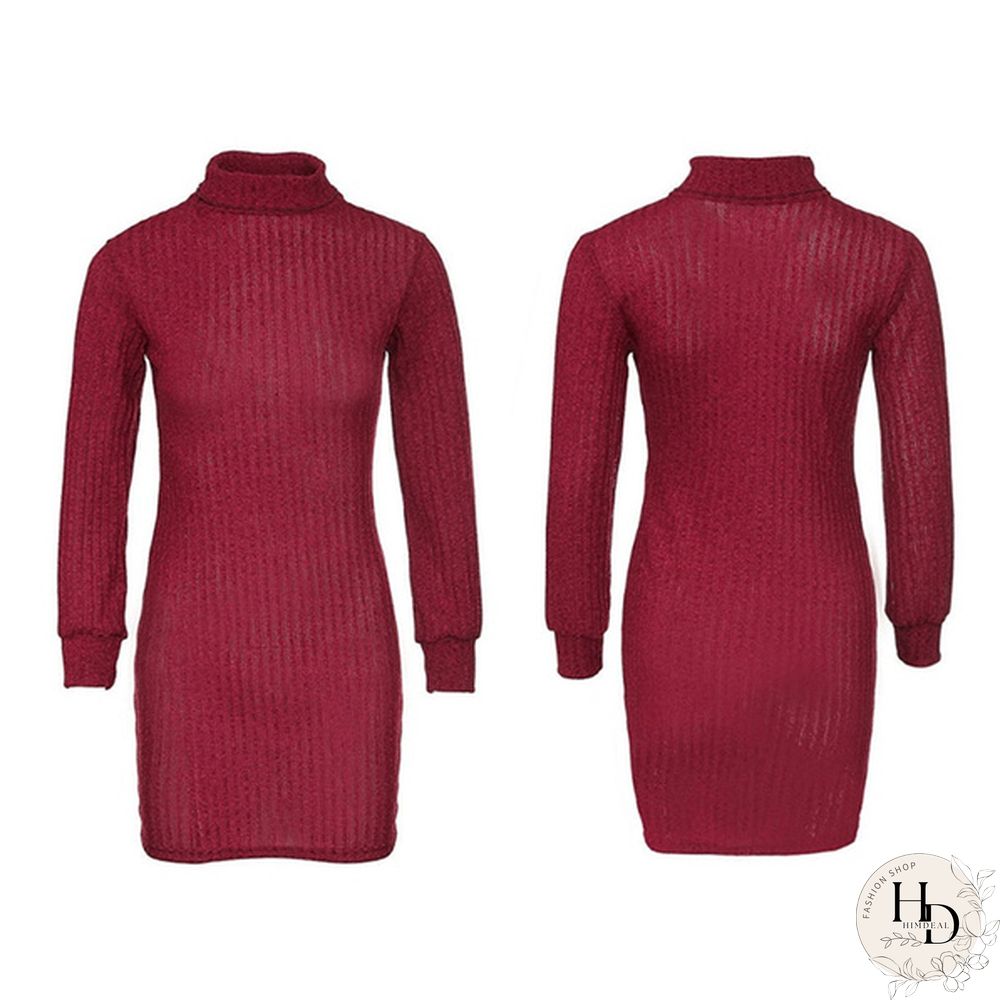 Women Autumn and Winter Long Sleeve Knitted Sweater Dress Ladies Fashion Keep Warm Knitting High Collar Slim Fit Bottoming Mini Knitting Dress