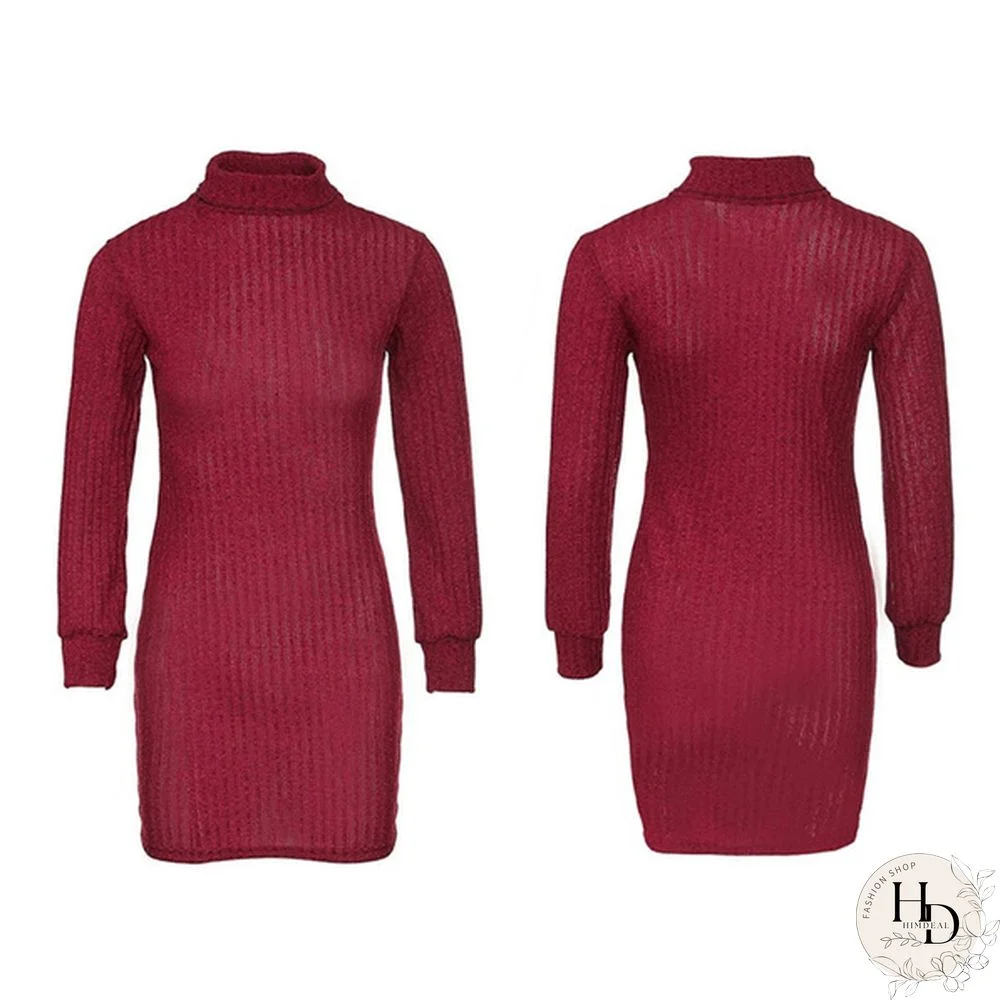 Women Autumn and Winter Long Sleeve Knitted Sweater Dress Ladies Fashion Keep Warm Knitting High Collar Slim Fit Bottoming Mini Knitting Dress